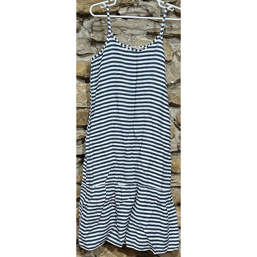 Francesca Bettini Navy Blue White Striped Pure Linen Midi Dress Medium